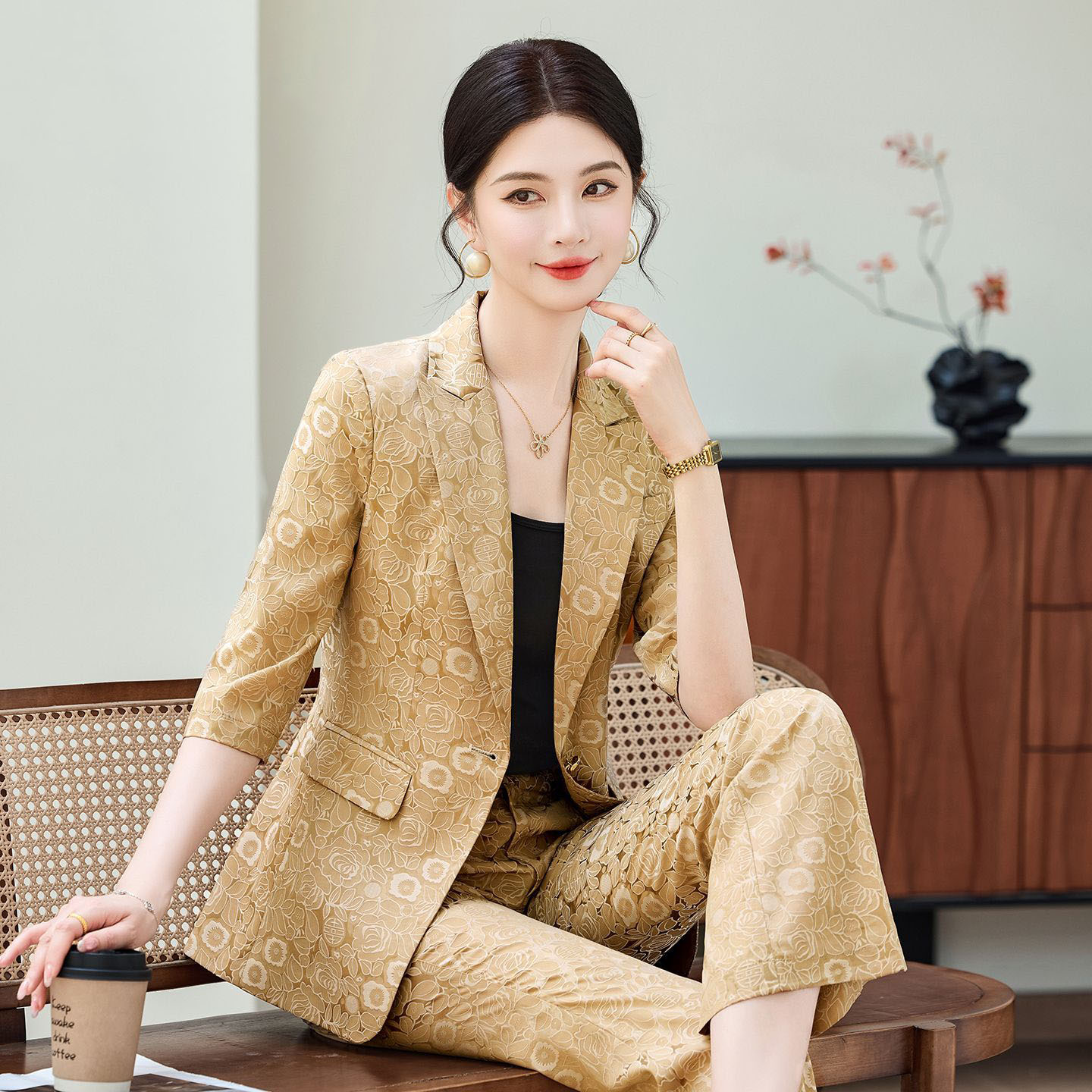 Women Formal Wear Blazers - Completo Professionale Donna Mezza Manica Albicocca